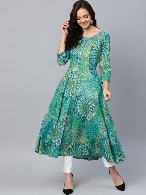 Jompers Women Printed Frontslit Kurta(Green)