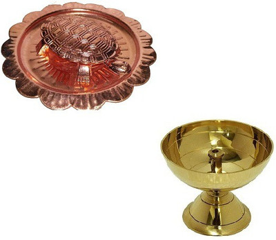Adhvik Combo Of 1 Pc Kachua Yantra ( 2 no ) Vaastu/fengshui with Plate With 1 Pc Paro Pyali (1 no) Diya Brass(Gold)