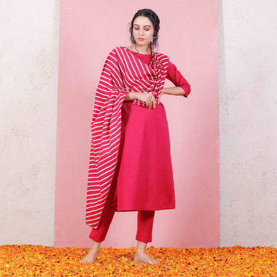 RUSTORANGE Striped, Solid Kurta, Trouser/Pant & Dupatta Set