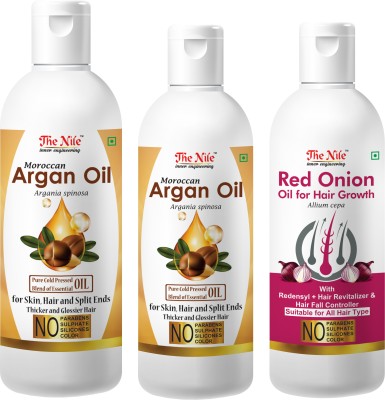 The Nile Moroccan Argan Hair Oil Pure Cold Pressed Blend of Essential Oil for Skin, Hair and Split Ends Thicker and Glossier Hair 150 ML + Moroccan Argan Hair Oil Pure Cold Pressed Blend of Essential Oil for Skin, Hair and Split Ends Thicker and Glossier Hair 100 ML + Red Onion Oil with Redensyl + H