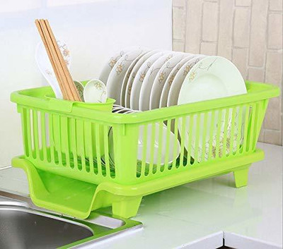 MECHON Plastic 3 in 1 Large Sink Set Dish Rack Drainer with Tray for Kitchen (Green) Storage Basket(Pack of 1)