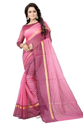 KV Fashion Striped Fashion Cotton Silk Saree(Pink)