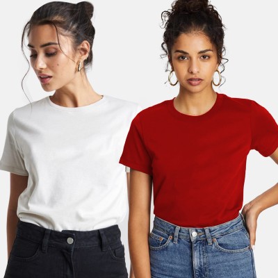 Young trendz Solid Women Round Neck Red, White T-Shirt