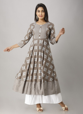 MAHAGEETA Women Block Print Flared Kurta(Grey)