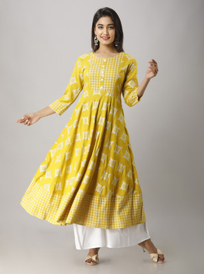 MAHAGEETA Women Block Print Flared Kurta(Yellow)