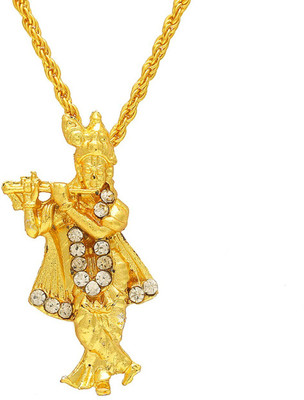 morir Gold Plated CZ Studded Peacock Feather Lord Krishna/Kanha Religious Hindu God Chain Pendant Locket Temple Jewellery For Men & Women Gold-plated Cubic Zirconia Brass