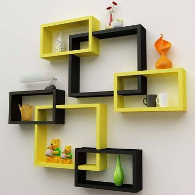 Alluringwood Intersecting Wooden, MDF (Medium Density Fiber) Wall Shelf(Number of Shelves - 6, Yellow, Black)