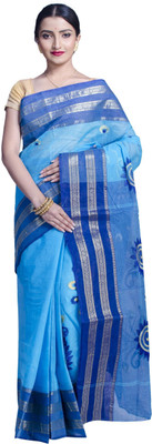 Upama Fabric Embroidered Bollywood Handloom Cotton Blend Saree(Blue)