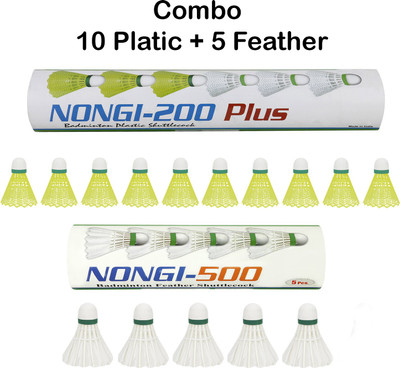 Nongi 500 Combo Feather and Plastic Shuttle  - White, Yellow(Medium, 77, Pack of 15)
