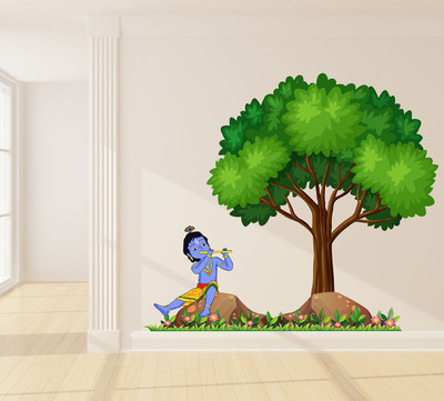 Wollzo 100 cm Lord krishna with tree Removable Sticker(Pack of 1)