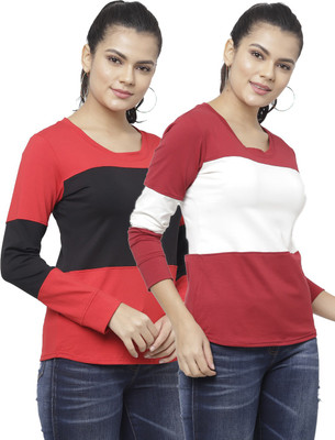 N-gal Color Block Women Round Neck Multicolor T-Shirt(Pack of 2)