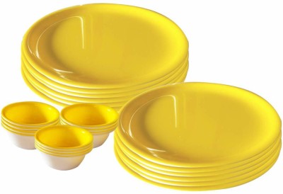 swift international Pack of 24 Plastic Yellow Colour Unbreakable Acrylic |Microwave Safe Round Dinner Plates Set (12 Plates 11 Inch and 12 Bowls 100 ML) Dinner Set(Yellow, Microwave Safe)