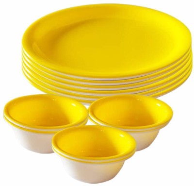 swift international Pack of 12 Plastic Yellow Colour Unbreakable Acrylic |Microwave Safe Round Dinner Plates Set (6 Quarter Plates 7 Inch and 6 Bowls 100 ML) Dinner Set(Yellow, Microwave Safe)