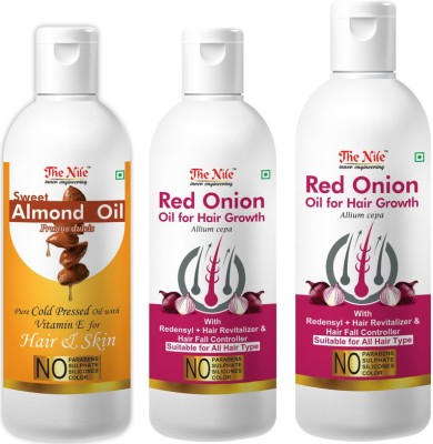 The Nile Red Onion Oil with Redensyl + Hair Revitalizer, Hair Regrowth & Hair Fall Control Hair Oil 200 ML + Red Onion Oil with Redensyl + Hair Revitalizer, Hair Regrowth & Hair Fall Control Hair Oil 100 ML + Pure Cold Pressed SWEET ALMOND OIL with Vitamin E for Hair Regrowth & Body Oil 100 ML Hair 