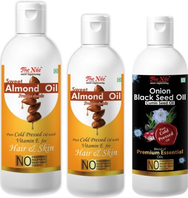 The Nile Pure Cold Pressed SWEET ALMOND OIL with Vitamin E for Hair Regrowth & Body Oil 100 ML +Pure Cold Pressed SWEET ALMOND OIL with Vitamin E for Hair Regrowth & Body Oil 150 ML + Onion Black Seed Hair Oil Preventing Hair Loss & Promoting Hair Growth Oil 100 ML Hair Oil(350 ml)