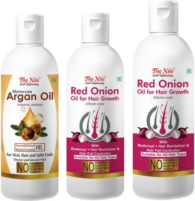 The Nile Red Onion Oil with Redensyl + Hair Revitalizer, Hair Regrowth & Hair Fall Control Hair Oil 200 ML + Red Onion Oil with Redensyl + Hair Revitalizer, Hair Regrowth & Hair Fall Control Hair Oil 100 ML + Moroccan Argan Hair Oil Pure Cold Pressed Blend of Essential Oil for Skin, Hair and Split E