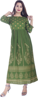 SANGARI Women Printed A-line Kurta(Dark Green)