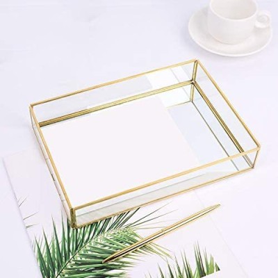 Ruhi Collections Rectangle Glass Tray with Brass Rim and Mirror Base Size - 12 x 8 x 2 inches Tray