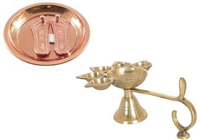 De-Ultimate Combo Of 2 Pcs Shree Maa Lakshmi Charan Paduka ( 1 no ) Vaastu/fengshui with Plate With 5 Face Puja Panch Aarti (1 no ) Jyoti/diya Stand Brass(2 Pieces, Brown)