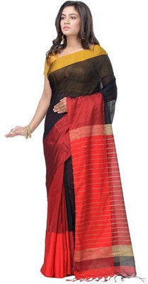 sourav biswas Solid/Plain Handloom Viscose Rayon, Cotton Silk Saree(Red, Black)