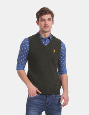 U.S. POLO ASSN. Solid V Neck Casual Men Green Sweater