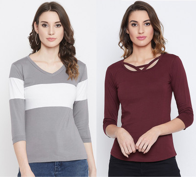 Heaven street Colorblock Women V Neck Multicolor T-Shirt