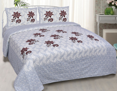 AAYU TRADER 104 TC Cotton Double Floral Flat Bedsheet(Pack of 1, Silver)