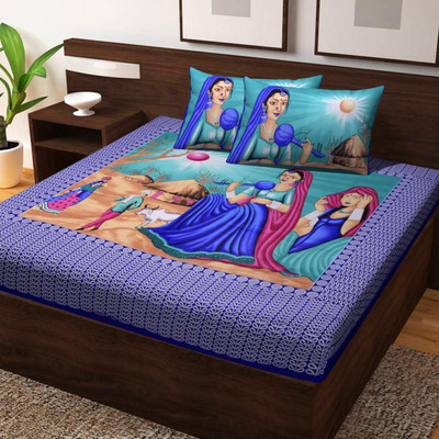 tripati sanganeri prints 144 TC Cotton Double Jaipuri Prints Flat Bedsheet(Pack of 1, Blue)