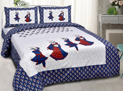 Sanganeri Cotton Double Flat 180 TC Jaipuri Prints Bedsheet(Pack of 1, White BLUE)