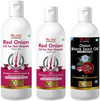 The Nile Red Onion Oil with Redensyl + Hair Revitalizer, Hair Regrowth & Hair Fall Control Hair Oil 100 ML + Red Onion Oil with Redensyl + Hair Revitalizer, Hair Regrowth & Hair Fall Control Hair Oil 200 ML + Onion Black Seed Hair Oil Preventing Hair Loss & Promoting Hair Growth Oil Hair Oil(400 ml)