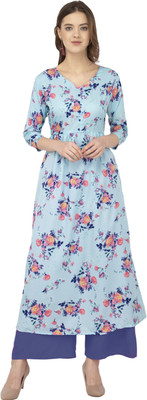 AKASH INDIA Women Printed A-line Kurta(Light Blue)
