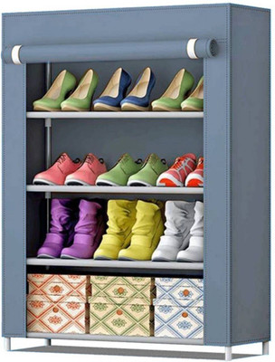 Coroid 1-Door 4-Shelf Fabric Metal Collapsible Shoe Stand Metal, Plastic Collapsible Shoe Stand(Grey, 4 Shelves)