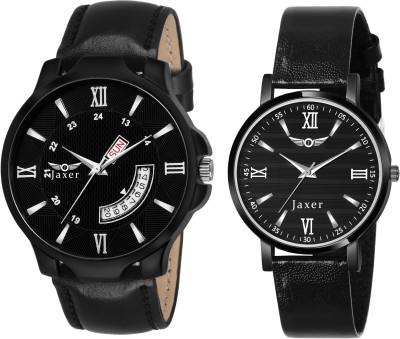 Jaxer Black Leather Strap Couple Analog Watch  - For Men & Women