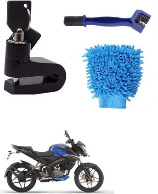 BikerValue Bike Chain Cleaner Brush With Micro Fiber Washing Hand Gloves Duster And Disc Brake Lock For Pulsar 160 NS DTS-i Combo