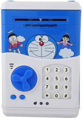 CTC CREATION Battery Operated Mini ATM Safe Kids Piggy Saving ATM Bank with Electronic Lock Coin Bank Cash Deposit Cartoon Doremon for Kids Coin Bank(Multicolor)