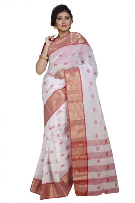 Upama Fabric Woven Bollywood Handloom Pure Cotton Saree(White, Red)