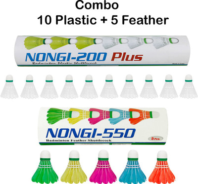Nongi 550 Combo Feather and Plastic Shuttle  - White(Medium, 77, Pack of 15)