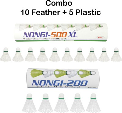 Nongi 500XL combo Feather and Plastic Shuttle  - White(Medium, 77, Pack of 15)