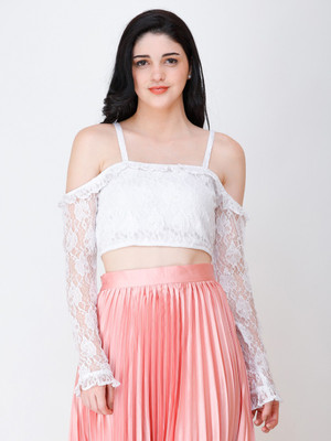 SHEERO Party Full Sleeve Self Design Women White Top