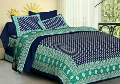 tripati sanganeri prints 104 TC Cotton Double Printed Flat Bedsheet(Pack of 1, Blue)