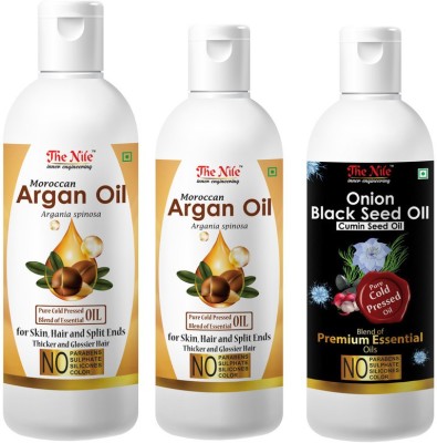 The Nile Moroccan Argan Hair Oil Pure Cold Pressed Blend of Essential Oil for Skin, Hair and Split Ends Thicker and Glossier Hair 100 ML + Moroccan Argan Hair Oil Pure Cold Pressed Blend of Essential Oil for Skin, Hair and Split Ends Thicker and Glossier Hair 200 ML + Onion Black Seed Hair Oil Preve
