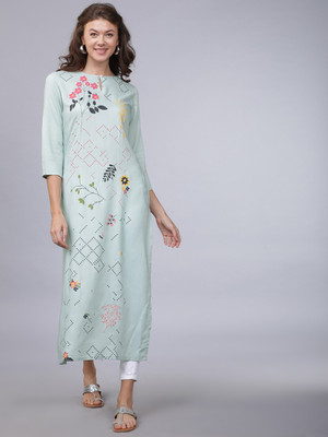Vishudh Women Floral Print Straight Kurta(Green)