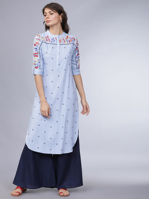 Vishudh Women Embroidered Straight Kurta(Blue)