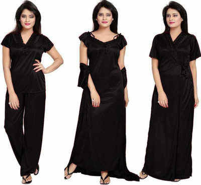 FusionVilla Women Nighty(Black)