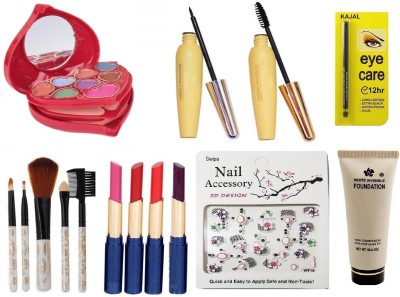 SWIPA Makeup Kit+4Pcs Lipstick+5Pcs Makeup Brush+Foundation+Eyecare Kajal+ Eyeliner,Mascare(11 Items in the set)