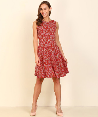AND Women Fit and Flare White, Maroon Dress
