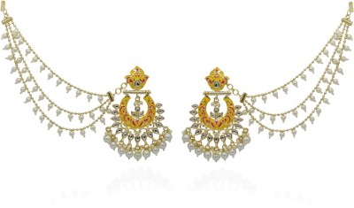J J jewellers Gold Plated Wedding Jewellery Bahubali Inspired Long Chain Jhumki Earrings For Women Beads, Pearl Brass Chandbali Earring