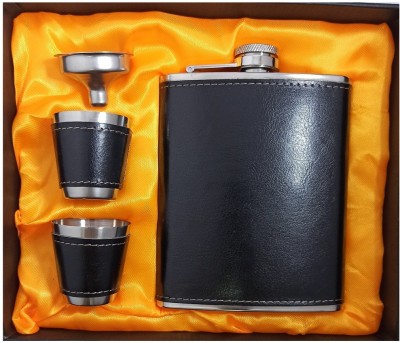 Protos India.Net 8 oz Black Leather Hip Flask + 2 shot glasses + Funnel Bar set Stainless Steel Hip Flask(235 ml)