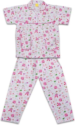 Wishkaro Kids Nightwear Girls Printed Cotton Blend(Pink Pack of 1)