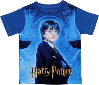 HARRY POTTER Boys Typography, Printed Cotton Blend T Shirt(Blue, Pack of 1)